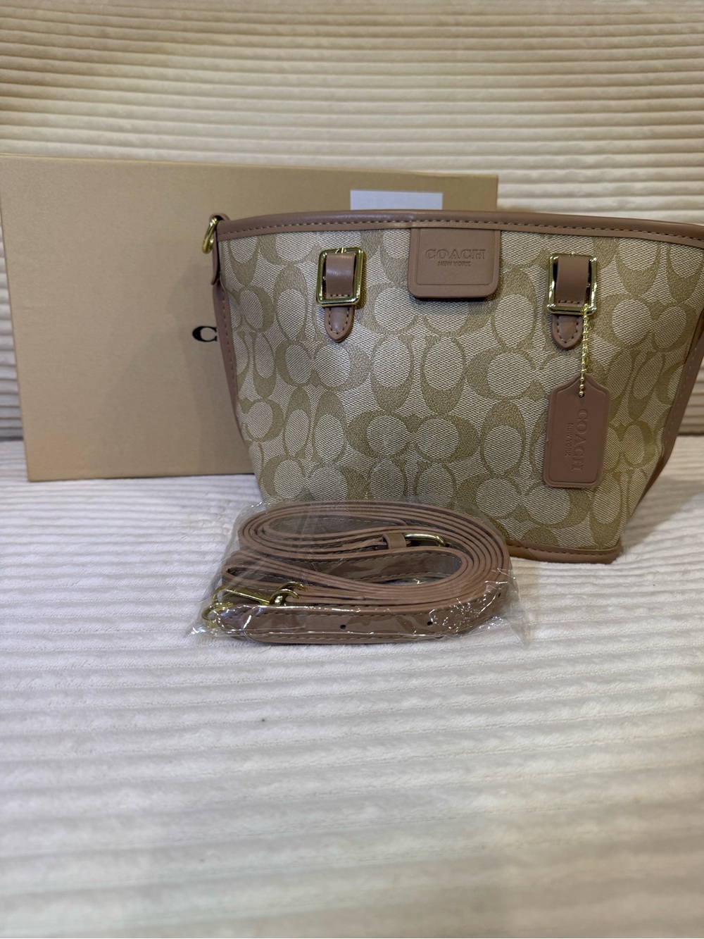 Coach Signature Canvas Crossbody in Beige with Pink-Taupe Trim